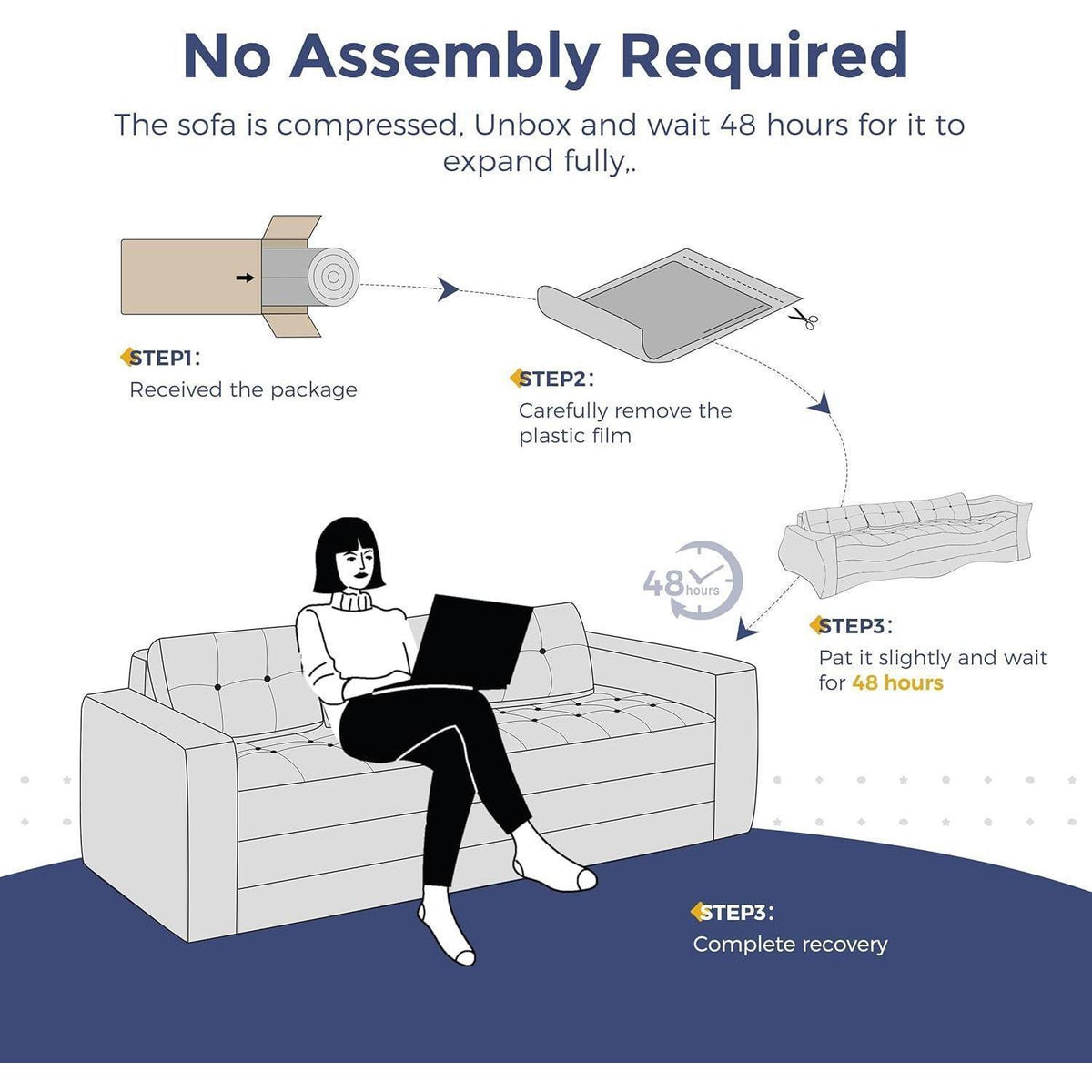Klappsofa 190cm mit Schlaffunktion & Kissen – Off-White