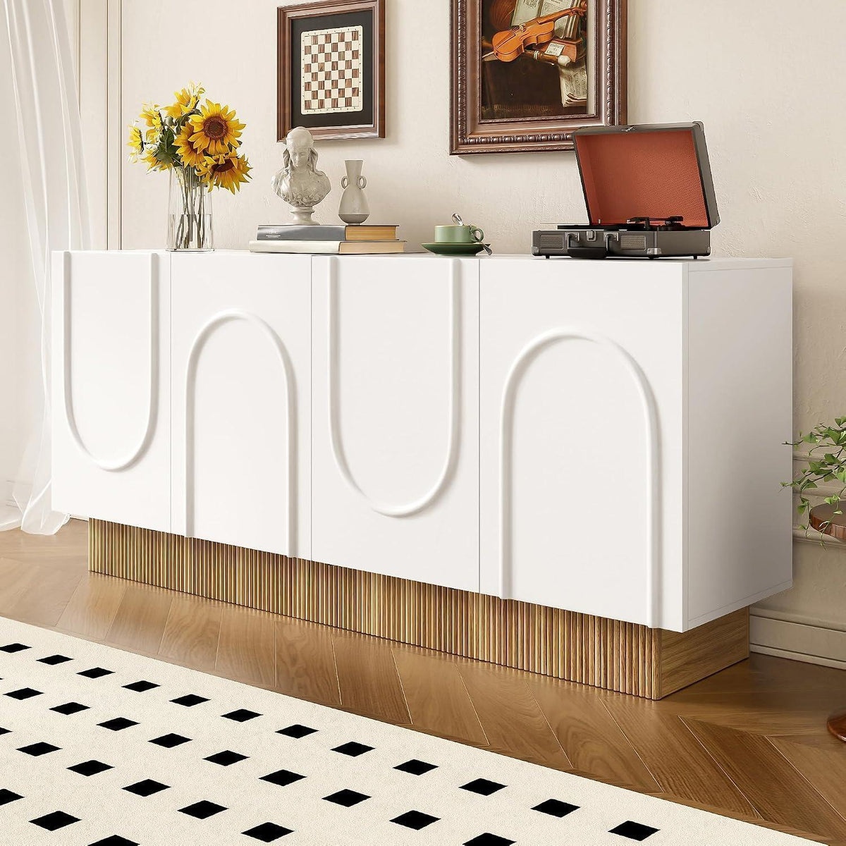 Moderner Sideboard-Schrank weiß & Holz | 4 Türen, Viel Stauraum