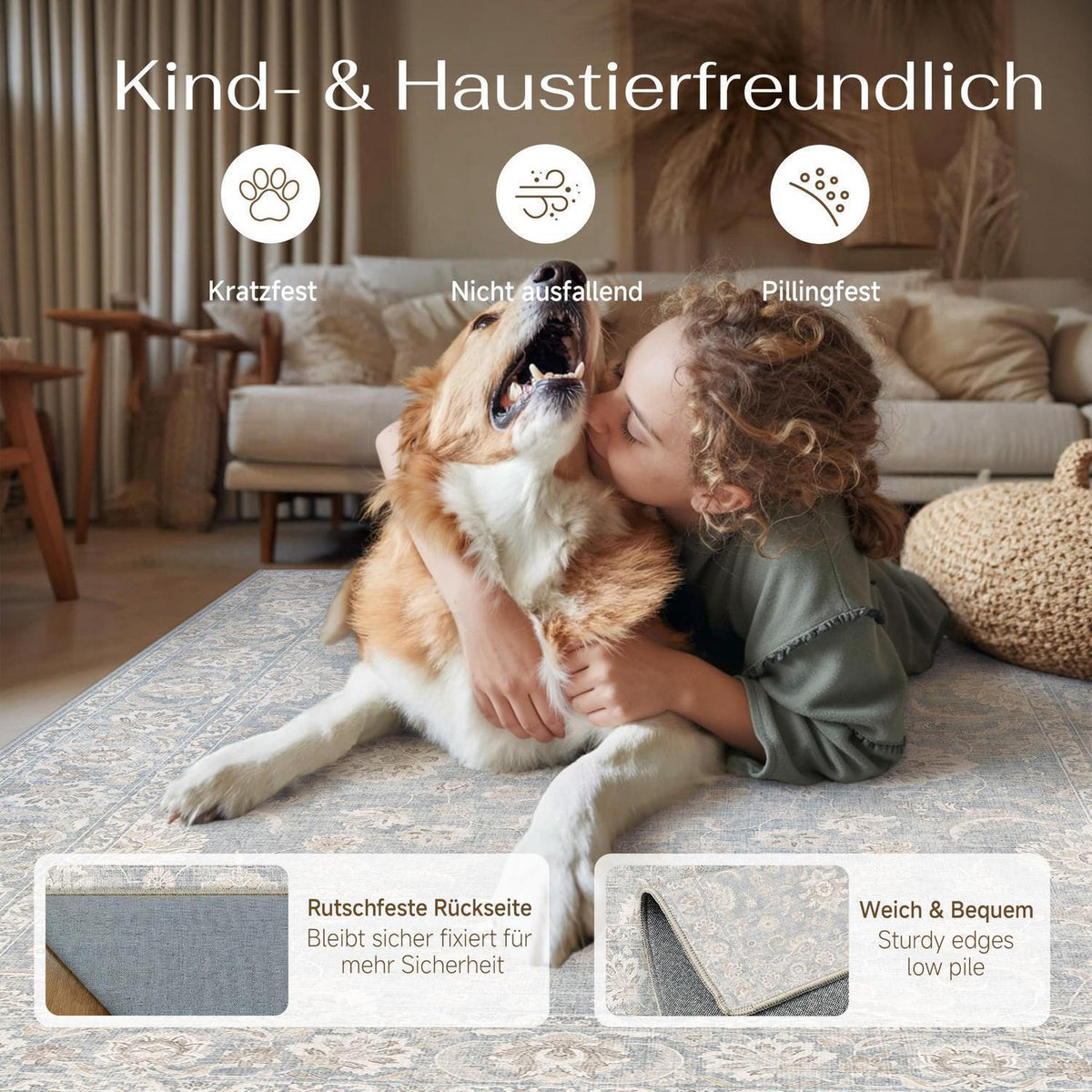 Blauer Wohnzimmer Teppich 200x300cm – Vintage Design & Waschbar