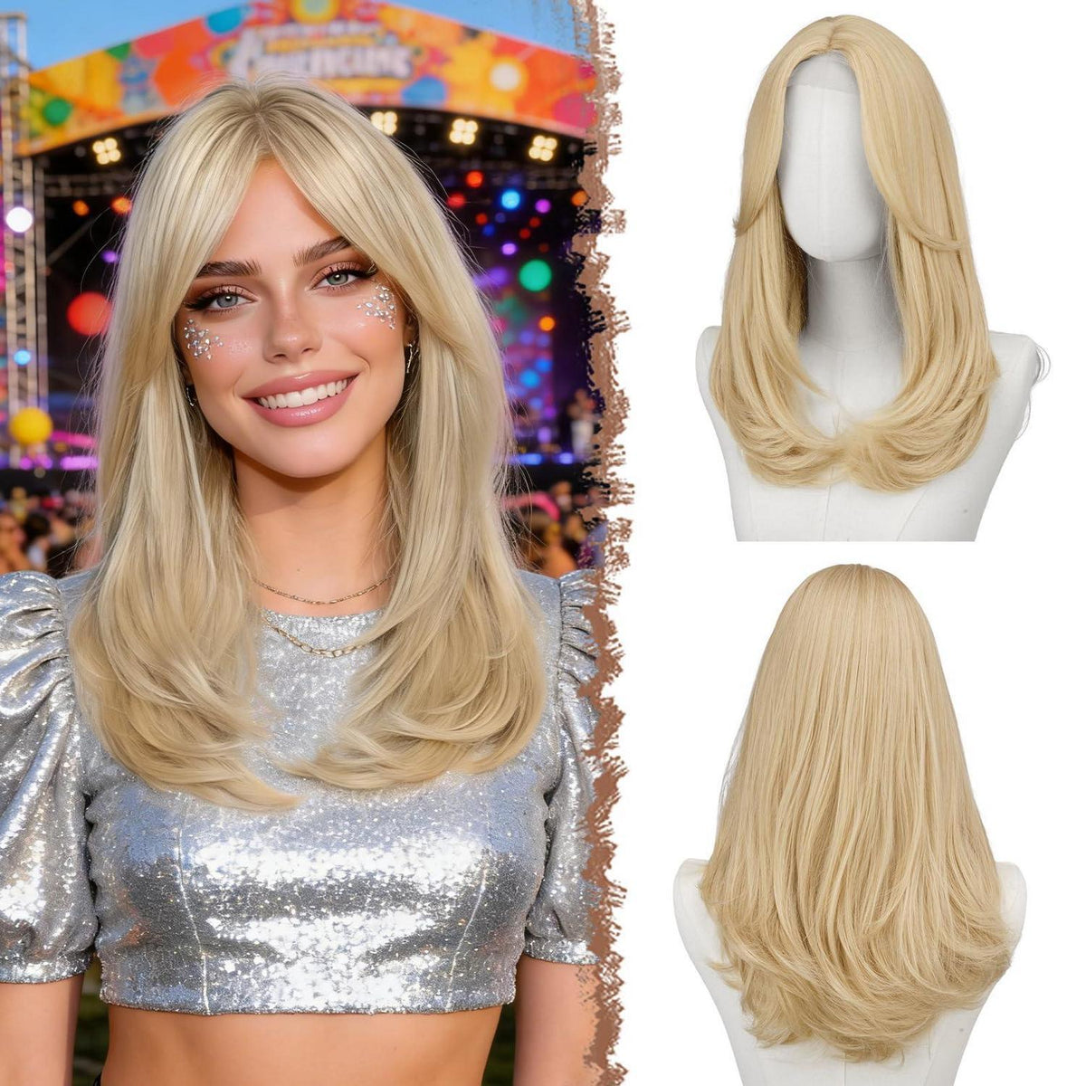Hellblond Lace Front Perücke mit Pony, 45cm Synthetik Haar