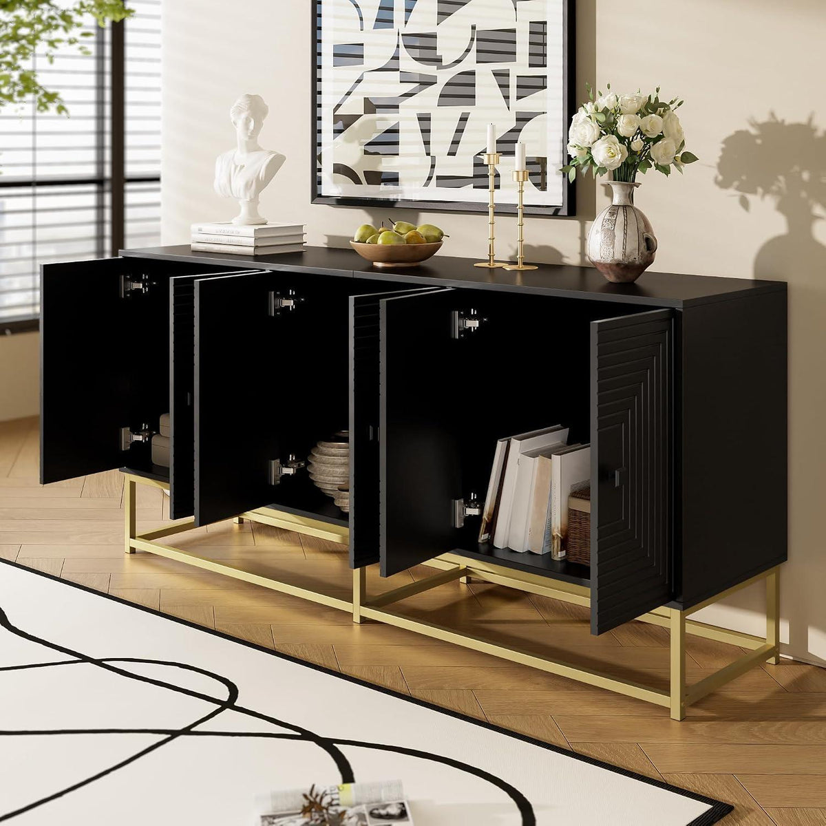Sideboard Schrank Schwarz mit 3 Türen & Goldbeinen, 160cm