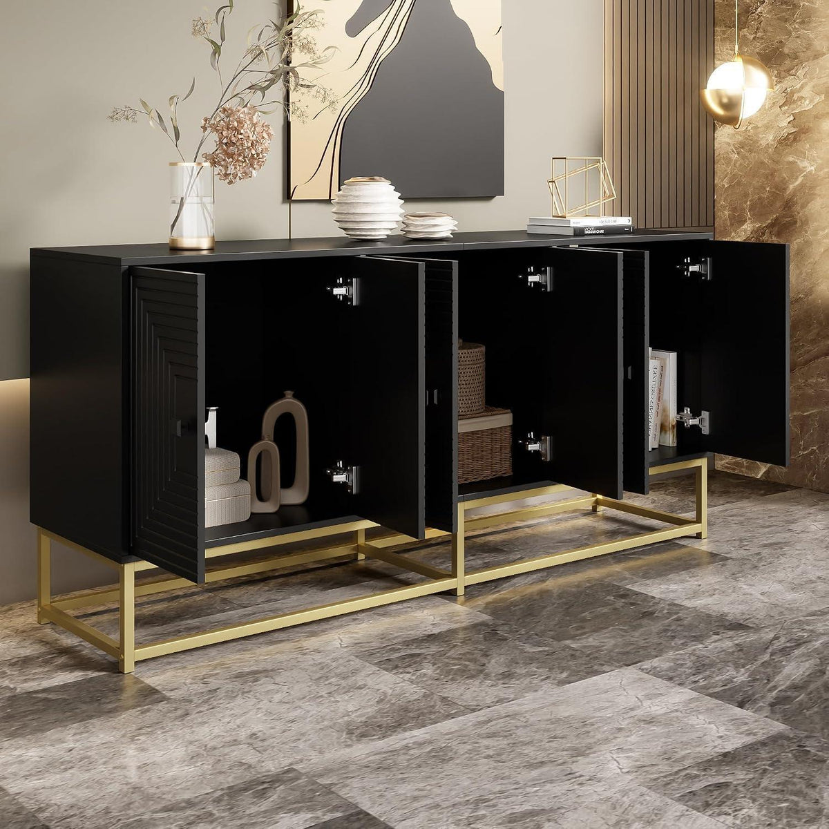 Sideboard Schrank Schwarz mit 3 Türen & Goldbeinen, 160cm