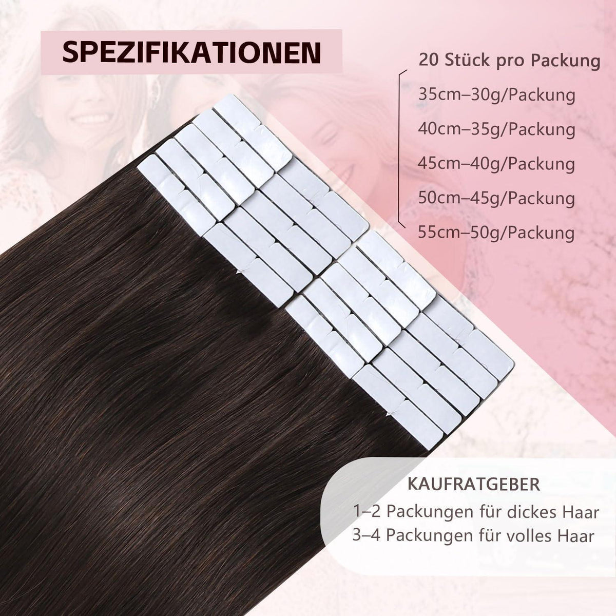 Remy Echthaar Tape Extensions #2 Dunkelbraun 40cm