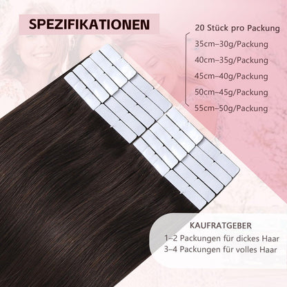 Remy Echthaar Tape Extensions #2 Dunkelbraun 40cm