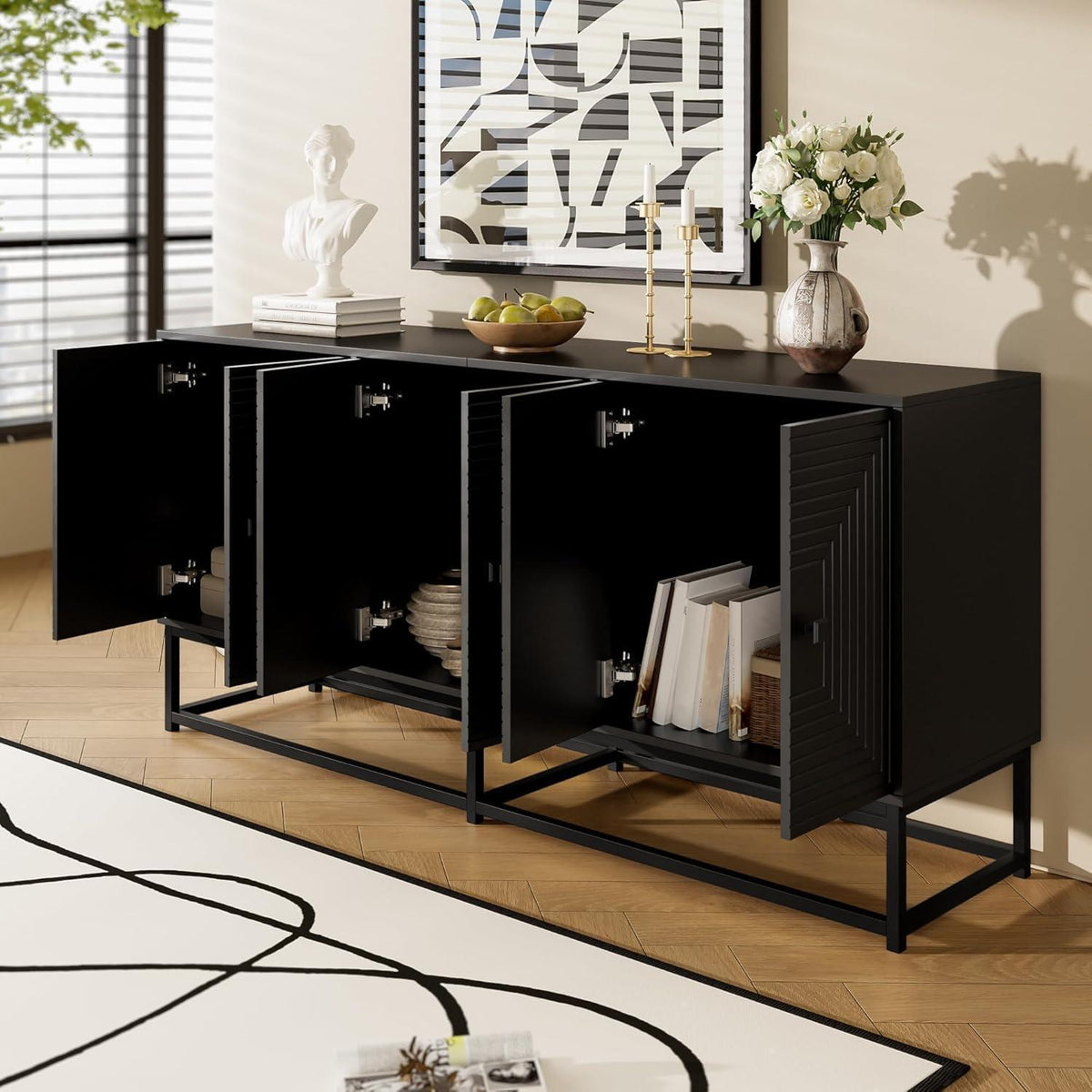 Modernes Sideboard Schwarz mit 3 Türen & Großem Stauraum