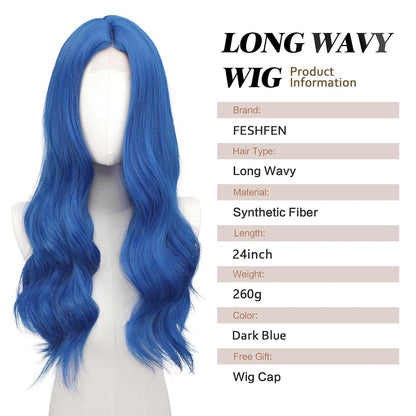 Lange gewellte blaue Perücke mit Spitze | 60cm Synthetik Perücke für Party & Cosplay