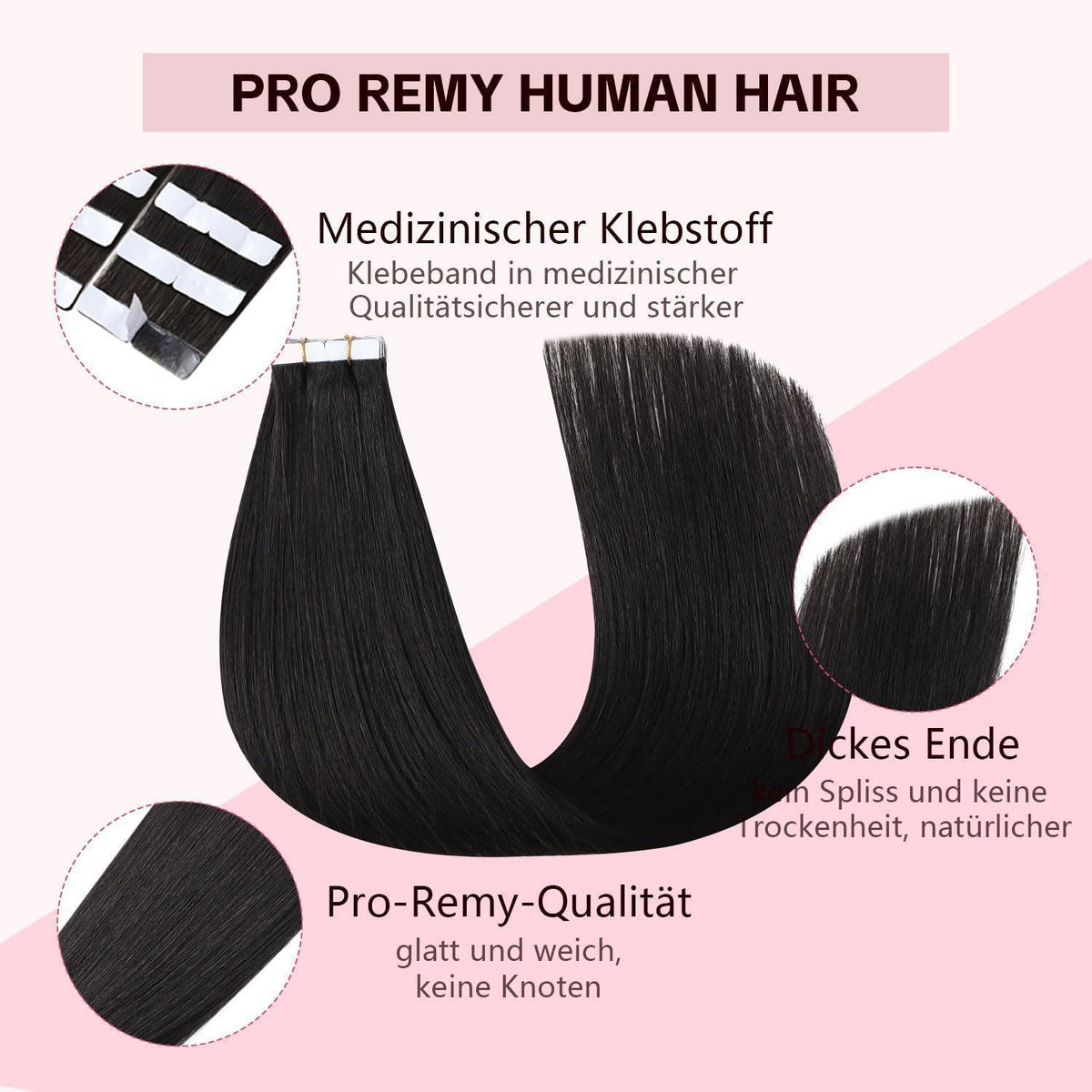 Remy Tape-in Haarverlängerung #1B Schwarz 45cm Echthaar