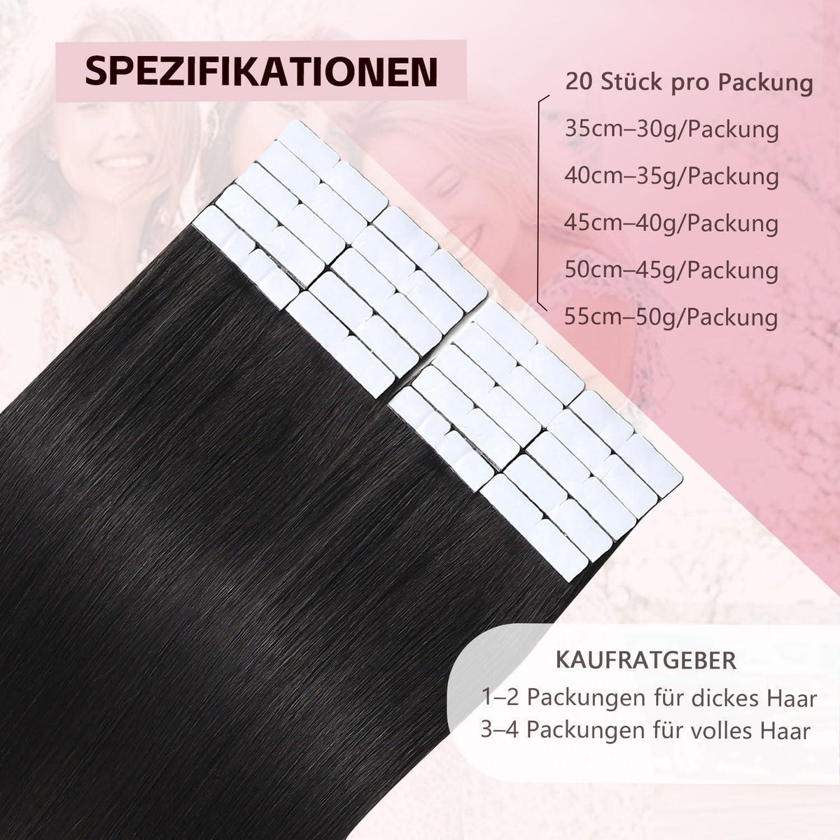 Remy Tape-in Haarverlängerung #1B Schwarz 45cm Echthaar