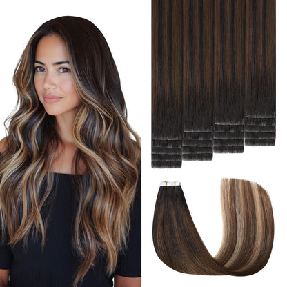 Echthaar Tape Extensions Schwarz Braun Karamellblond 55cm