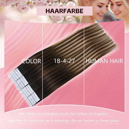 Echthaar Tape Extensions Schwarz Braun Karamellblond 55cm