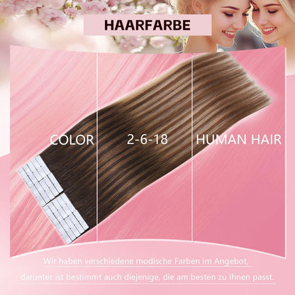 Remy Haarverlängerung Tape #2/6/18 Dunkelbraun bis Chestnut 35cm
