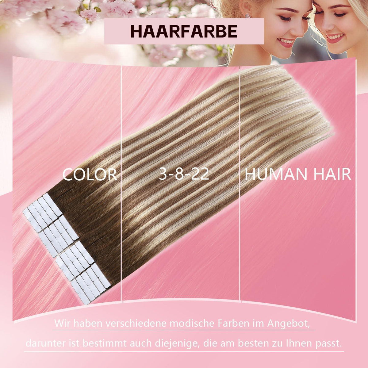 Remy Echthaar Tape Extensions #3/8/22 Walnuss Braun bis Blond 40cm