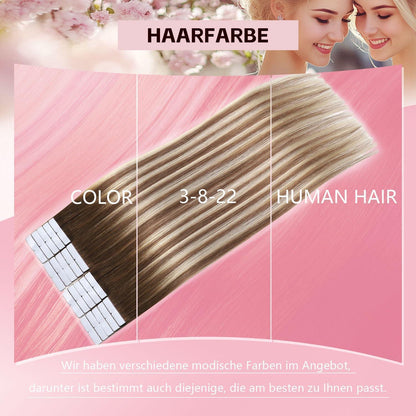 Remy Echthaar Tape Extensions #3/8/22 Walnuss Braun bis Blond 40cm