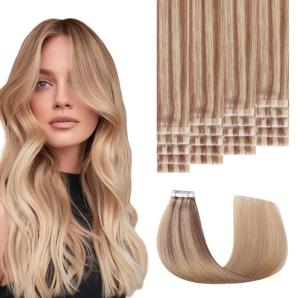 Remy Echthaar Tape Extensions #10/27/27 Hellbraun Goldblond 40cm