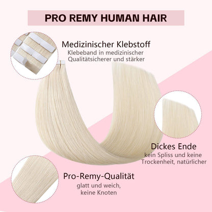 Echthaar Tape-in Haarverlängerung Platinblond 55cm (50g)