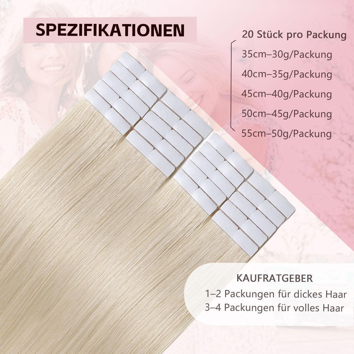 Remy Echthaar Tape Extensions #60 Platinblond 40cm
