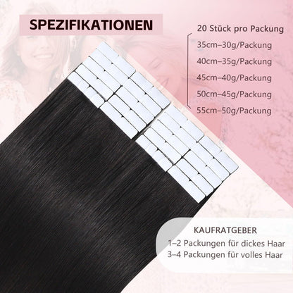 Echthaar Tape Extensions #1B Schwarz 50cm – Remy Menschenhaar