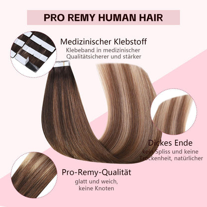 Echthaar Tape Extensions #2/6/18 Dunkelbraun bis Blond 50cm