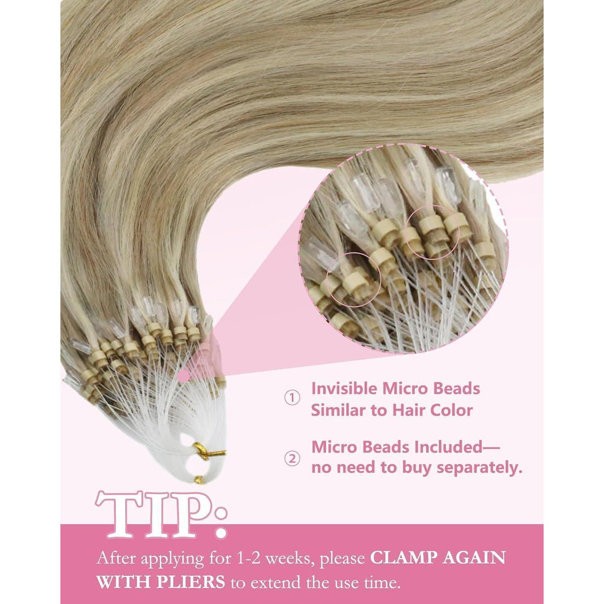 Blond Microring Extensions Echthaar 45cm – Aschblond Highlights