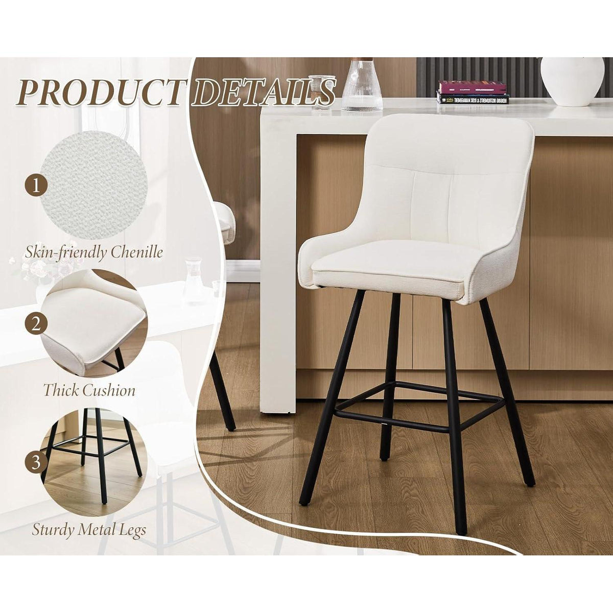 Barhocker Set 4er – Chenille, Weiß, Modern & Robust