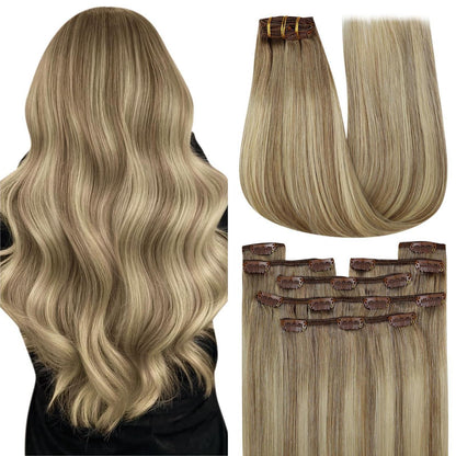 Echthaar Clip-in Extensions Ombre Hellbraun-Blond 30cm