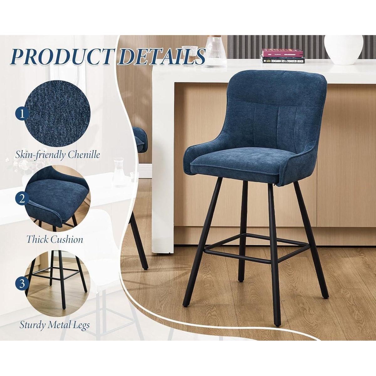 4 Barhocker Blau, Chenille, Modern & Robust