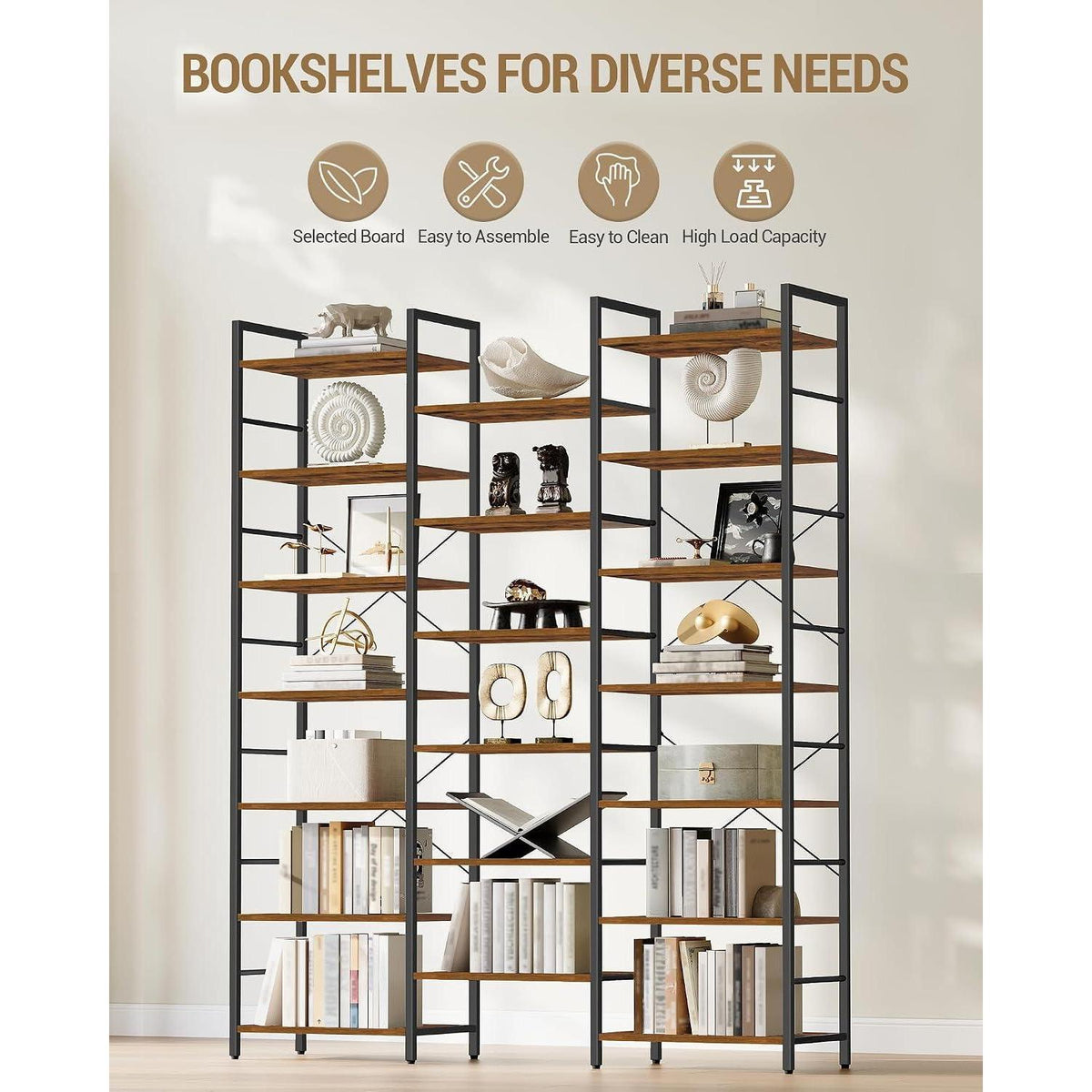 7-Etagen Bücherregal Braun-Schwarz | Standregal Vintage 24x152x217cm