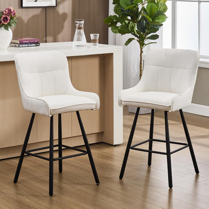 Barhocker 2er Set mit Chenille, Rückenlehne & Fußstütze - Weiß
