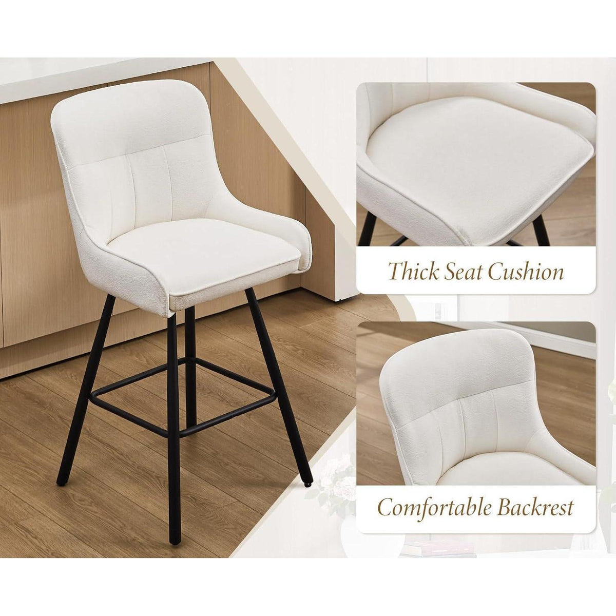 Barhocker 2er Set mit Chenille, Rückenlehne & Fußstütze - Weiß