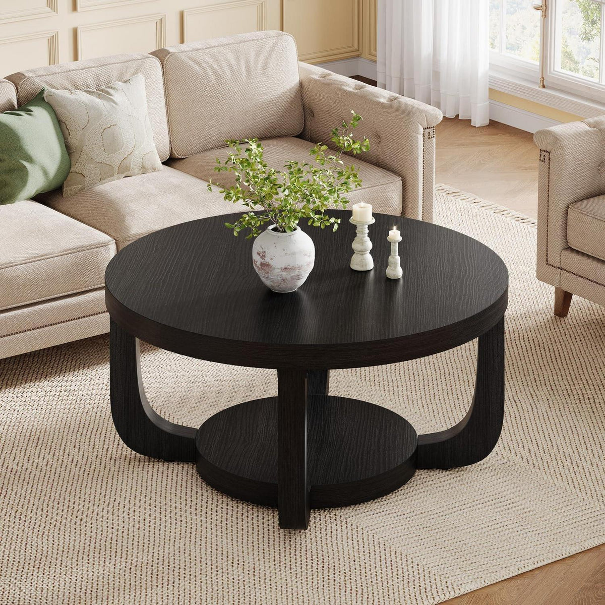 Runder Couchtisch mit Stauraum – Zweistufiger Beistelltisch Holz Schwarz