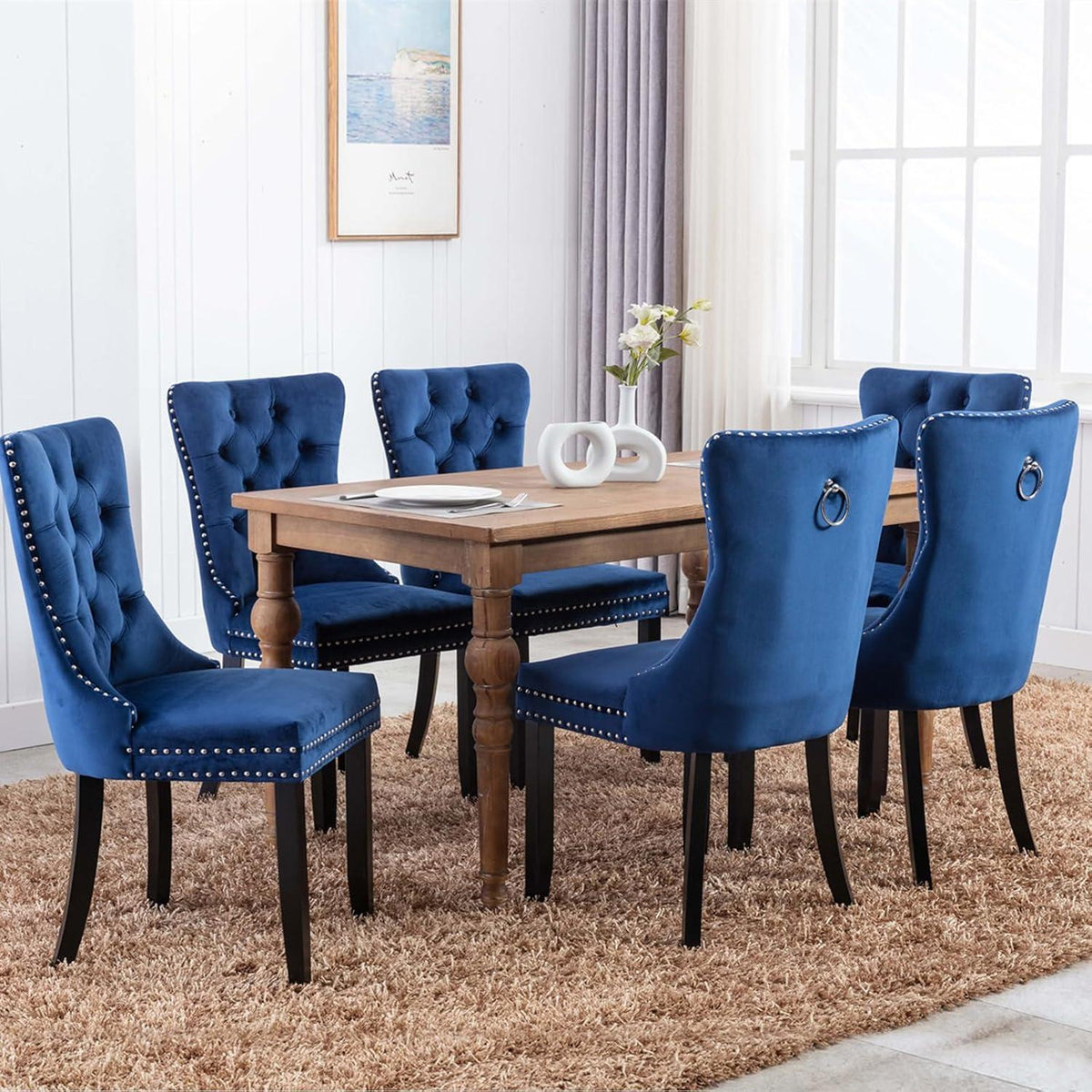 Samt Esszimmerstühle 6er Set mit Massivholzbeinen, Blau
