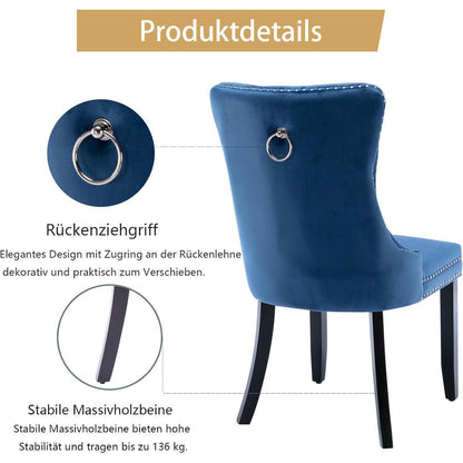 Samt Esszimmerstühle 6er Set mit Massivholzbeinen, Blau