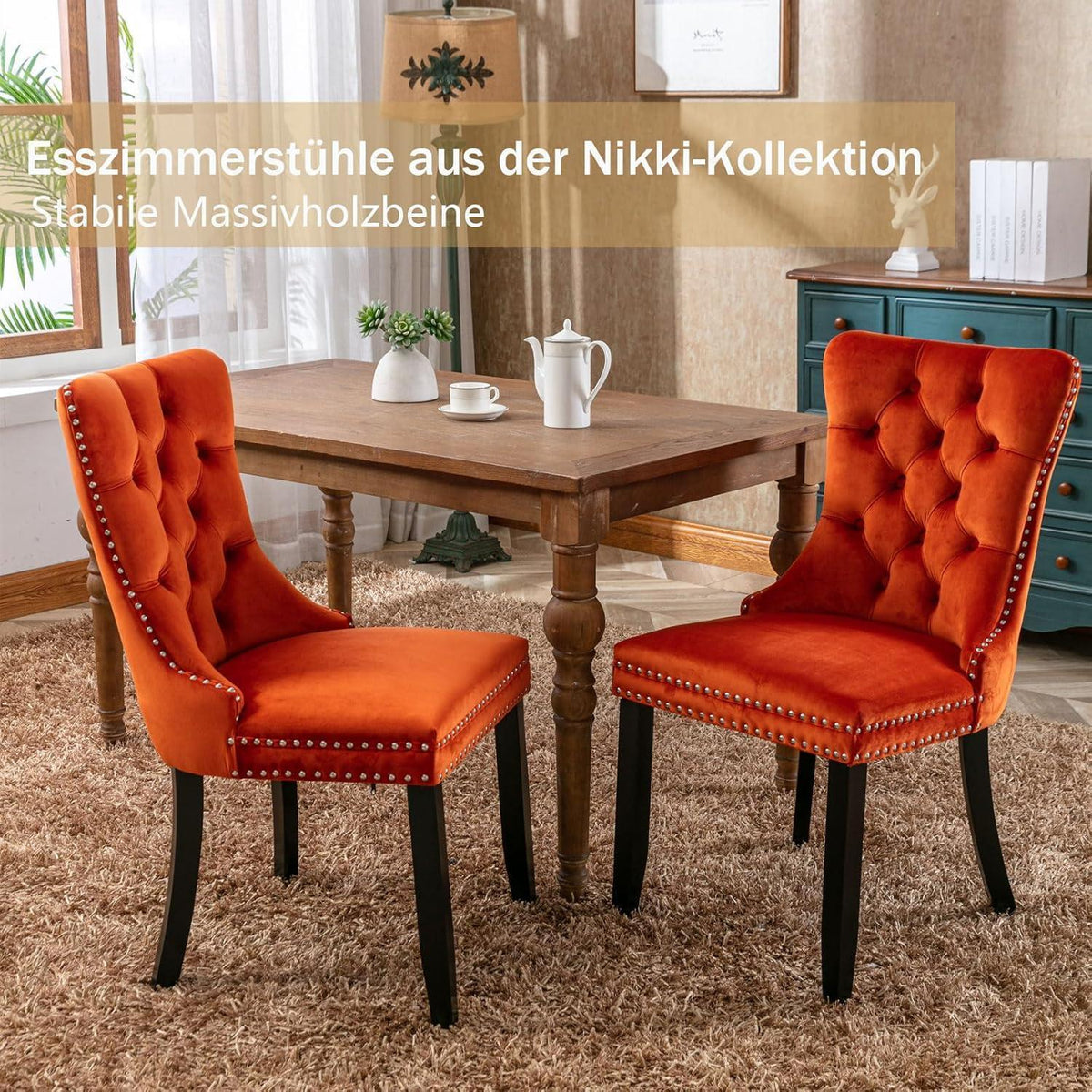 Samt-Esszimmerstühle 4er Set mit Massivholzbeinen, Orange