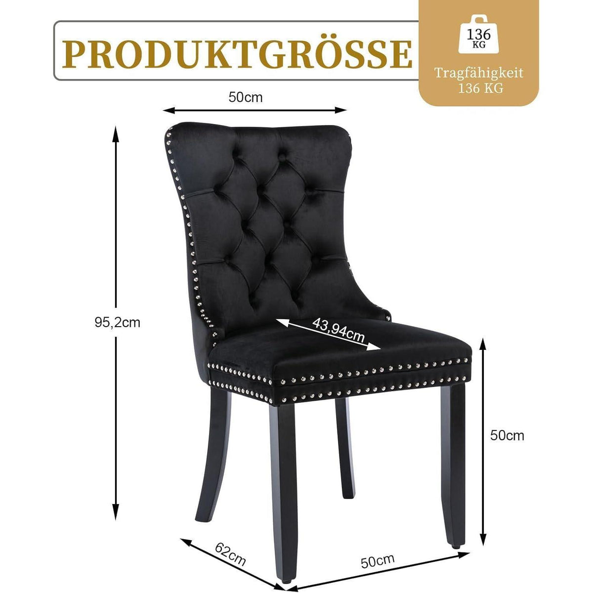 Samt Esszimmerstühle 6er Set mit Massivholzbeinen Schwarz