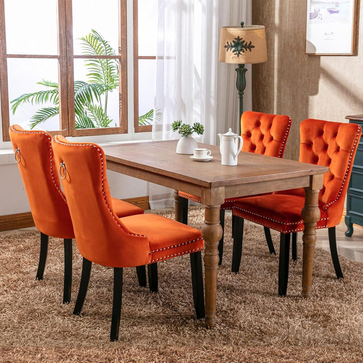Samt Esszimmerstühle 2er Set mit Massivholzbeinen, Orange