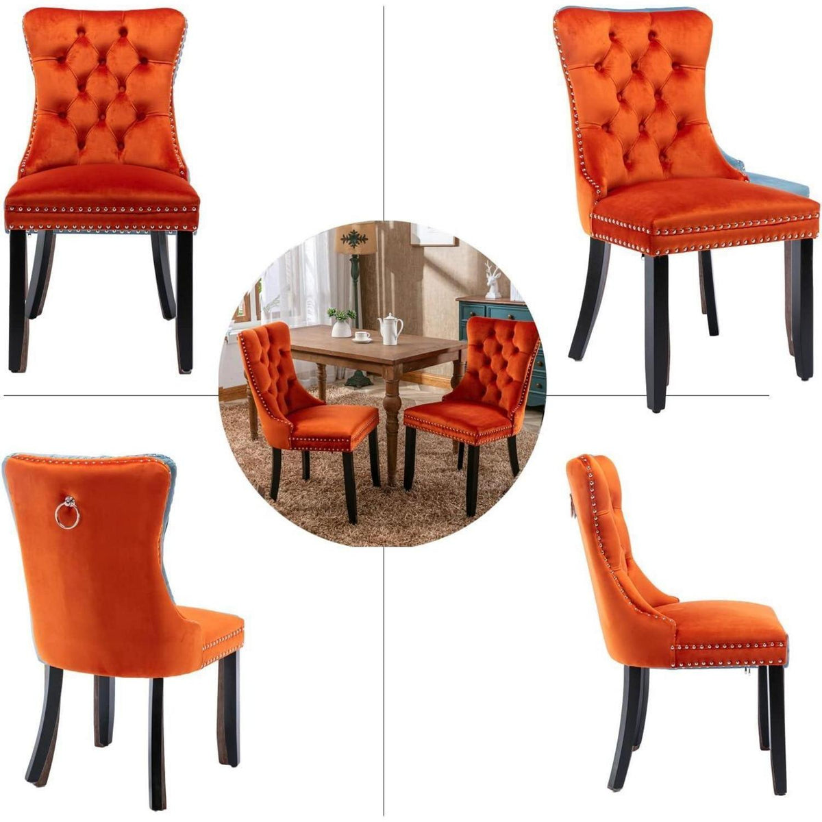 Samt Esszimmerstühle 2er Set mit Massivholzbeinen, Orange
