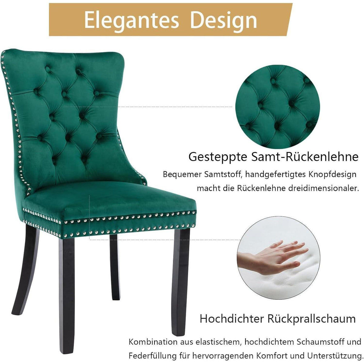 Samt Esszimmerstühle 4er Set mit Massivholzbeinen, Grün