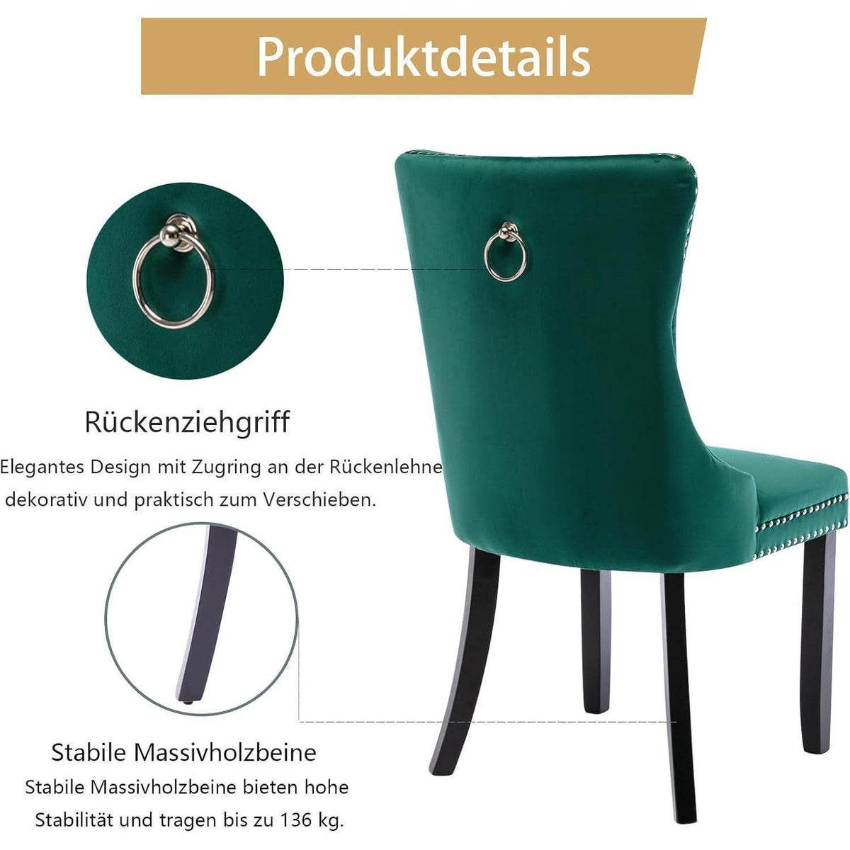 Samt Esszimmerstühle 4er Set mit Massivholzbeinen, Grün