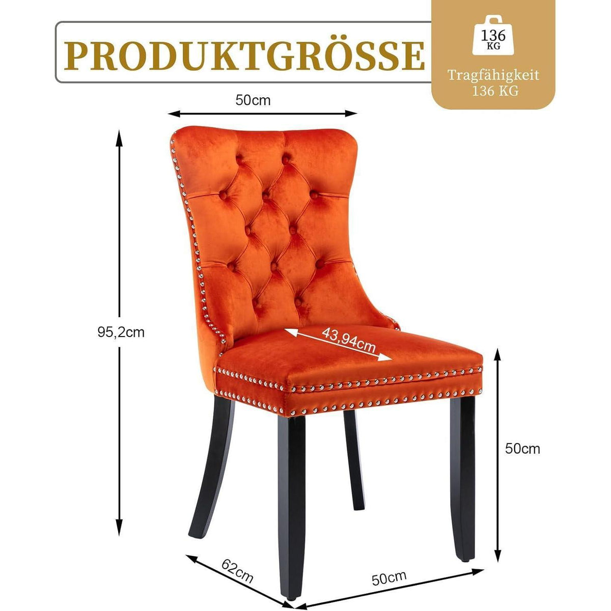 8x Samt Esszimmerstühle mit Massivholzbeinen, Orange
