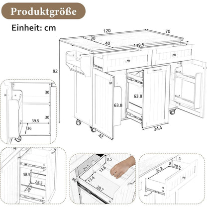 Mobile Kücheninsel Weiß – Klappbare Arbeitsplatte & Stauraum