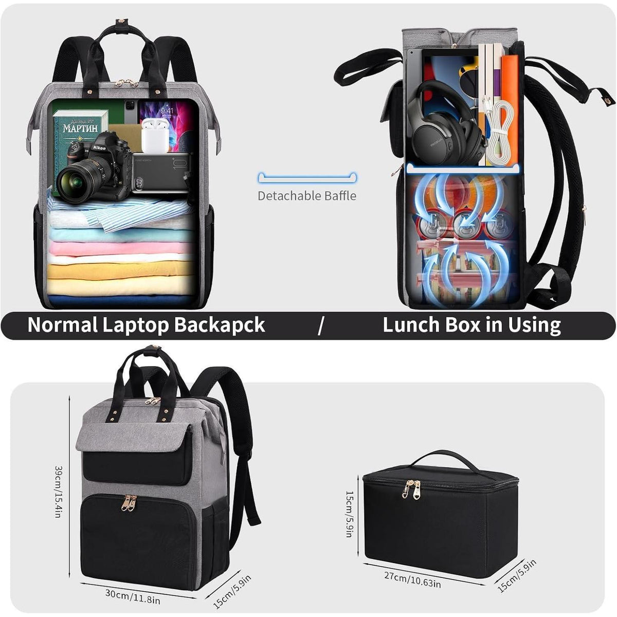 Multifunktions-Laptop-Rucksack mit isolierter Lunchbox, Schwarz/Grau
