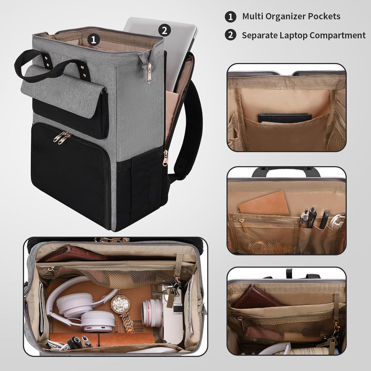 Multifunktions-Laptop-Rucksack mit isolierter Lunchbox, Schwarz/Grau