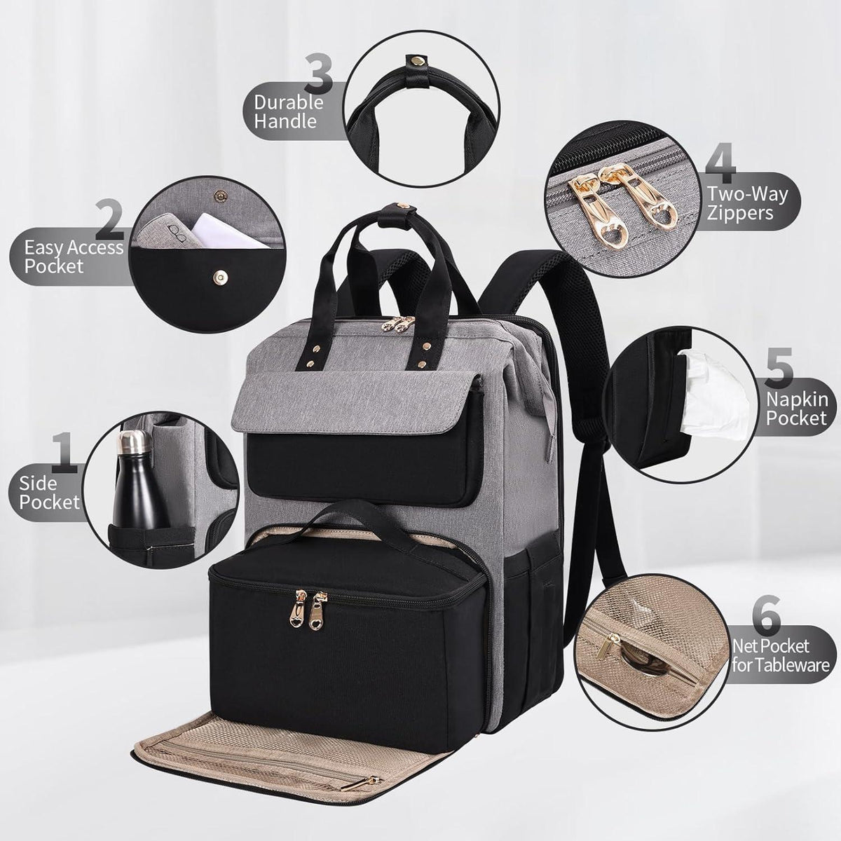 Multifunktions-Laptop-Rucksack mit isolierter Lunchbox, Schwarz/Grau