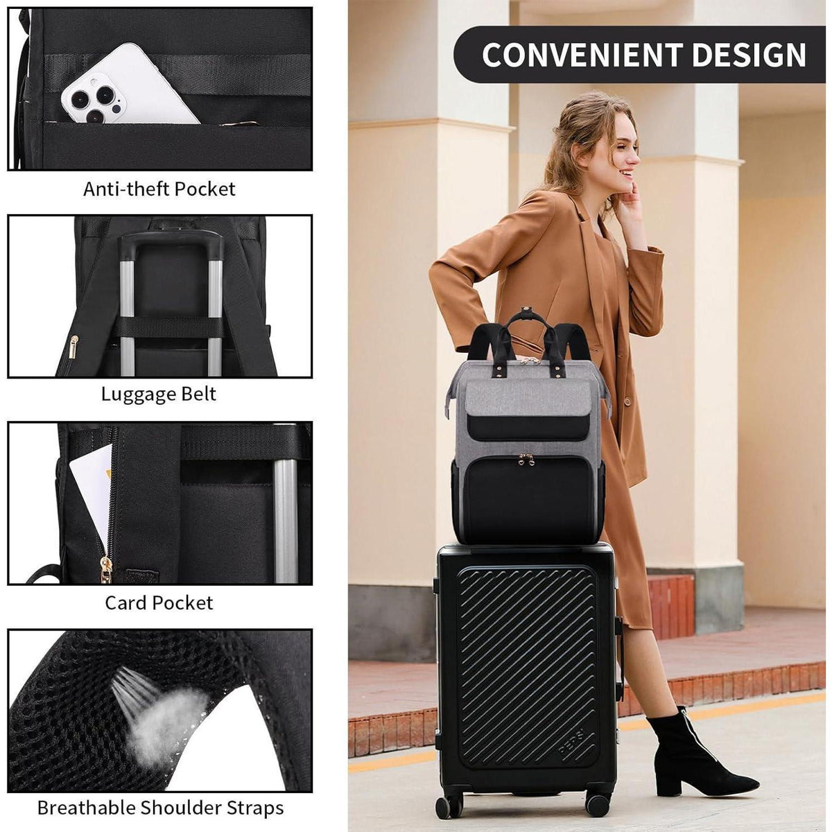 Multifunktions-Laptop-Rucksack mit isolierter Lunchbox, Schwarz/Grau