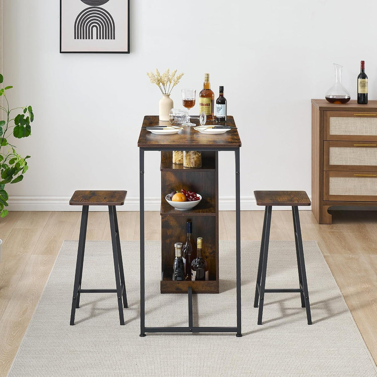 Litake Bartisch Set mit 2 Barhockern – Industrie-Stil Braun