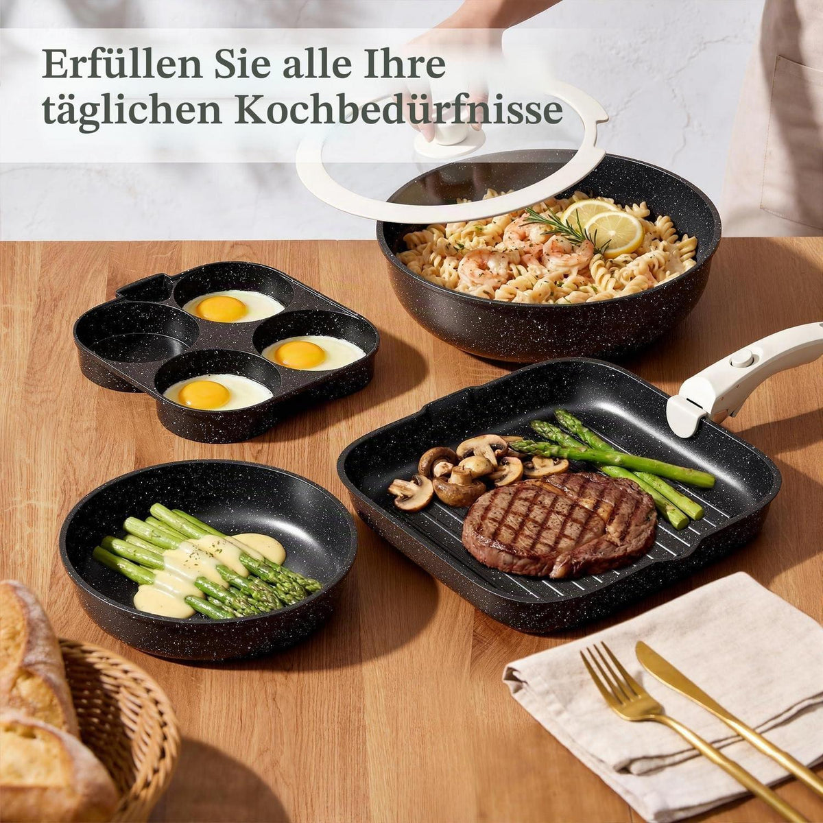 19-teiliges Induktions Kochgeschirr Set mit abnehmbaren Griffen