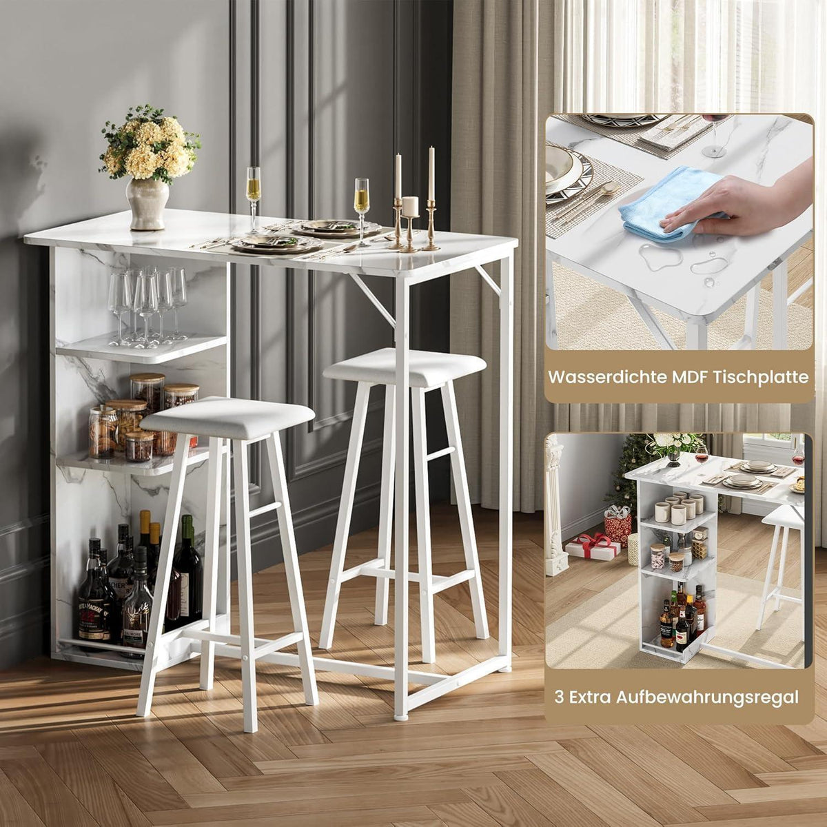 Litake Bartisch Set mit Barhocker – Industrie-Stil Weiß
