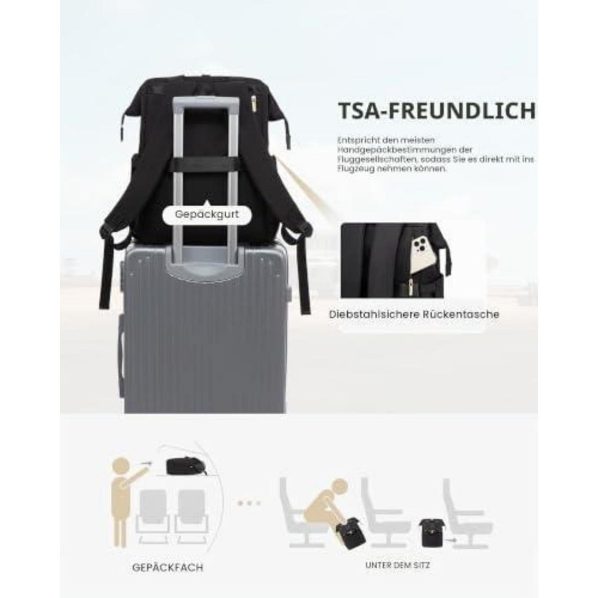 Damen Rucksack 18 Zoll Laptop Schulrucksack Reise Handtasche Schwarz