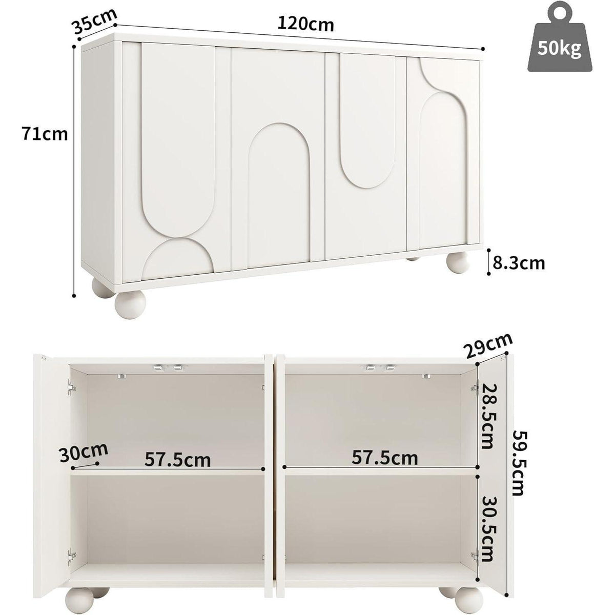 Weißes Sideboard mit Stauraum & Schubladen – 120x35x71 cm