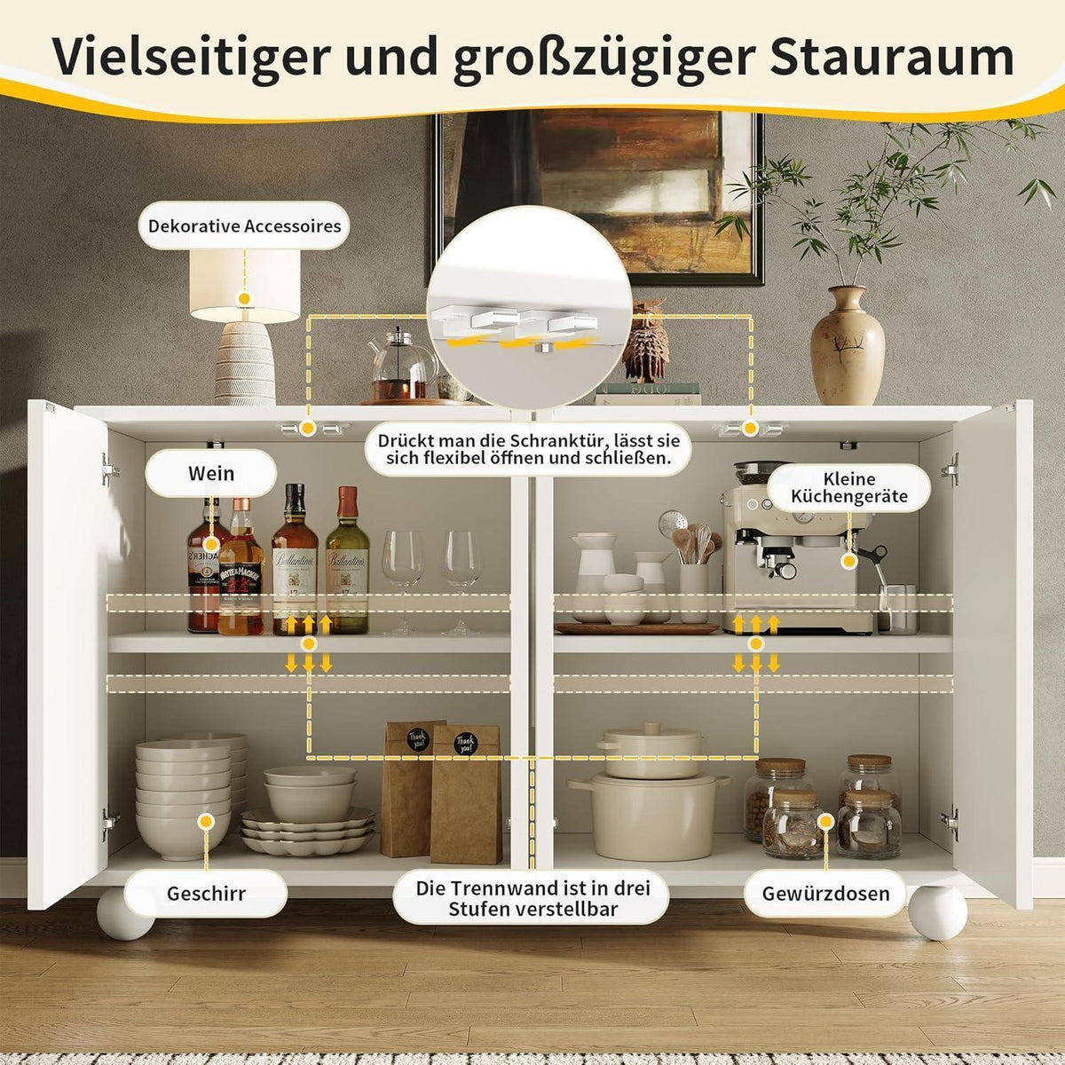Weißes Sideboard mit Stauraum & Schubladen – 120x35x71 cm